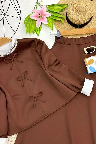 Tesettür Diyarı Tunic, Scuba Hijab Suit with Bow Skirt and Light Brown