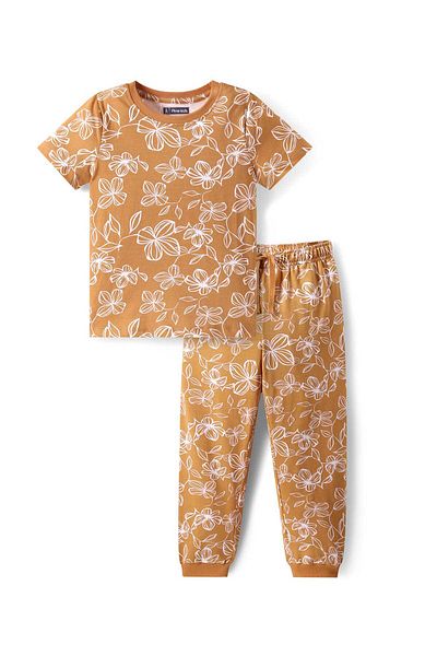 Pine kids Pine Kids Single Jersey Knit Half Sleeves Night Suit with Floral Print - Brown