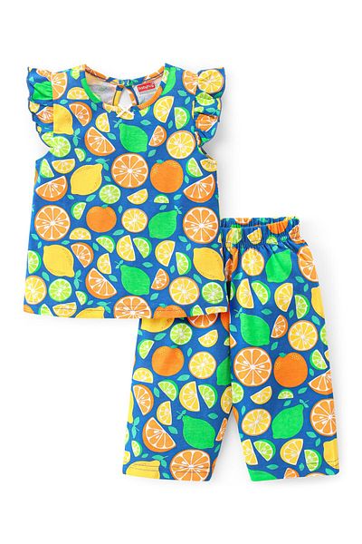 Babyhug Babyhug Cotton Knit Single Jersey Frill Sleeves Capri Night Suit With Citric Fruits Print-Multicolor