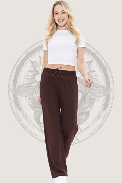 Hney Kahverengi Modal Kumaş Geniş Paça Kadın Palazzo Eşofman Altı Iki Cepli, Yüksek Bel, Spor Ve Günlük