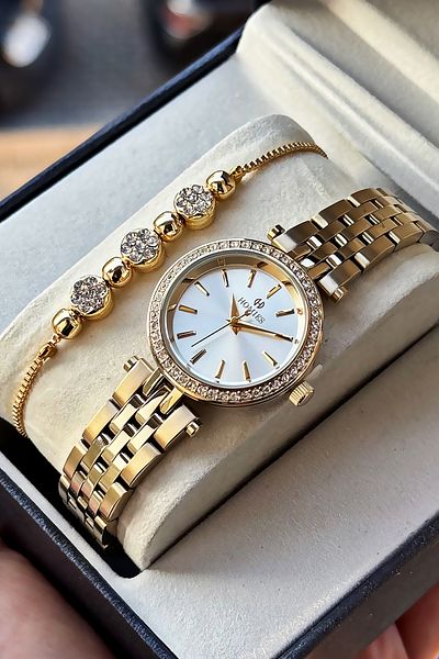 Homies Special Boxed Stone Women's Wristwatch Waterproof Gold Color Steel Cord Gift Bracelet Hmby2054C3