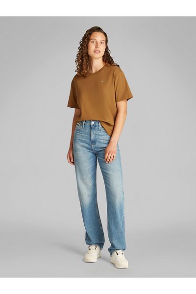 Calvin Klein Women Brown Script Inst Back Graphic Print Short Sleeve T-Shirt