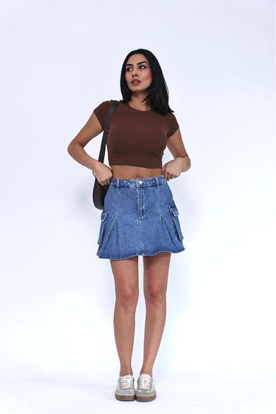 Zeo Basic MINI FUSTA DENIM PLISATA CU BUCURI DE MARFĂ