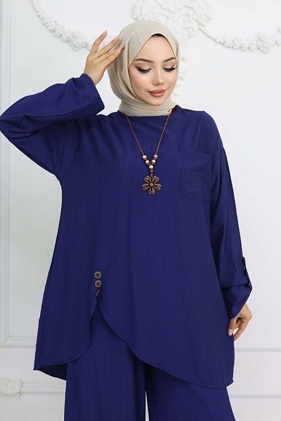 benguen Navy Blue 4782 Detailed Necklace Double Suit