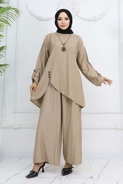 benguen Button Detailed Necklace Double Suit Mink 4782