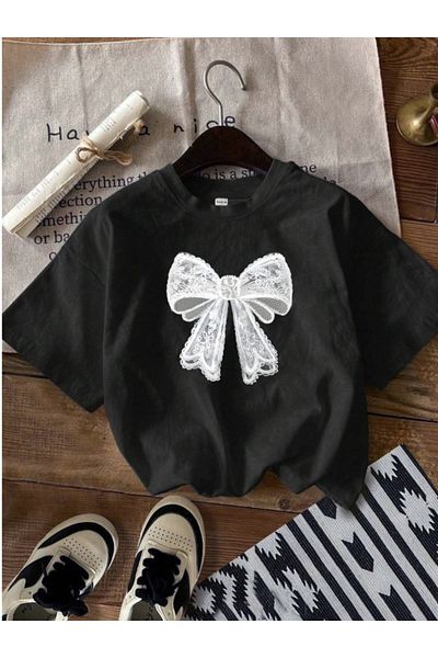 vinraus Tricou cu imprimeu cu panglică alb-negru pentru fată/băiat