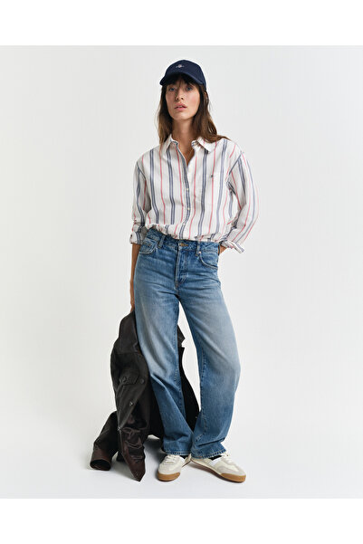 Gant Kadın Krem Relaxed Fit Klasik Yaka Çizgili Gömlek