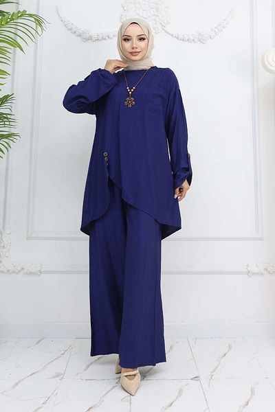 benguen Navy Blue 4782 Detailed Necklace Double Suit