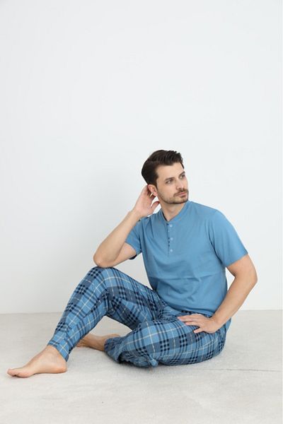 CALİA Set de pijamale de vară pentru bărbați, cu decolteu, cu mâneci scurte, cu buzunare, 100% bumbac
