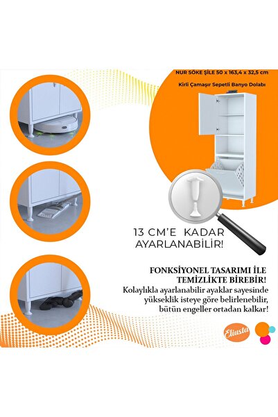 Modilayn 50 x 163,4 x 32,5 cm 2 Kapak Üç Bölmeli Kirli Çamaşır Dolabı Sepetli Banyo Dolabı