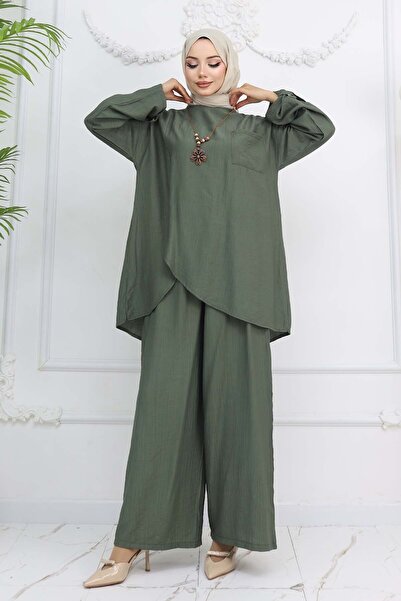 benguen Button Detailed Necklace Khaki Suit 4782