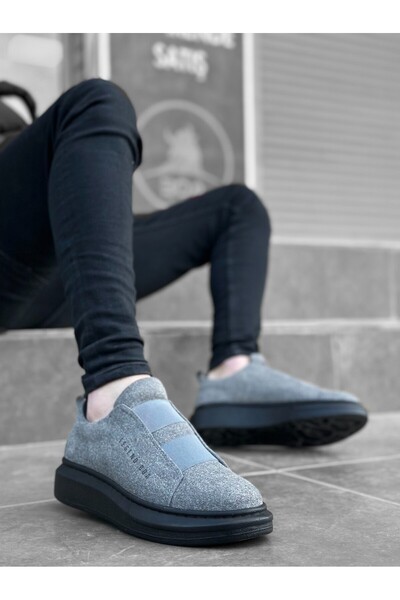 TUGERDİ Tugerdi Thick Black Sole Suede Leather Double Tape Gray Black Men's Sneakers Tge230457