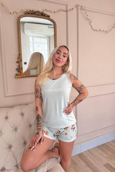 Pijamaevi Mint Spring Is My Life Patterned Women's Knitted Pajamas Set with Zero Sleeve Shorts