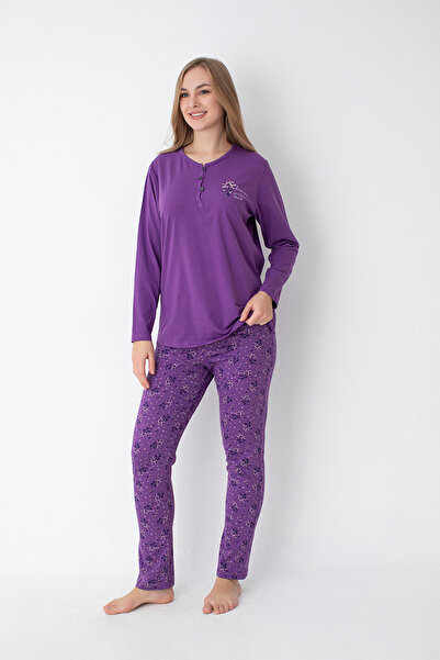 SENFONİ HOMEWEAR MOR DESENLİ DÜĞMELİ YAKA UZUN KOL LİKRA PENYE PİJAMA TAKIMI