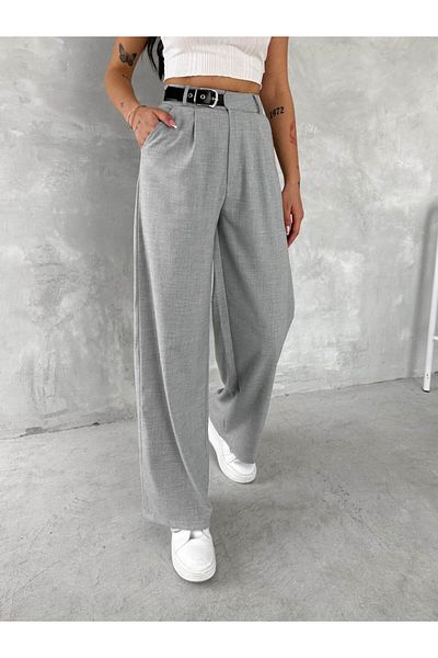 Gugus Women's Waist Buckle/Belt Detail Loose Leg Fabric Pants