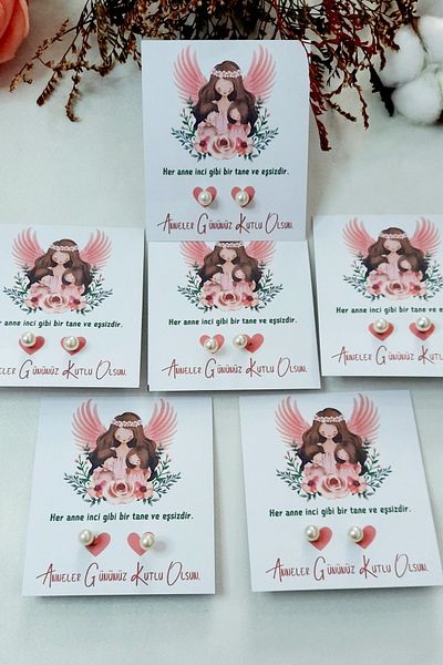 Burak Baskı Tasarım 20 Pieces (Pairs) - Teacher Gift / Mother Child Card Mother's Day Gift Pearl Earrings