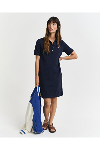 Gant Kadın Lacivert Regular Fit Polo Yaka Elbise