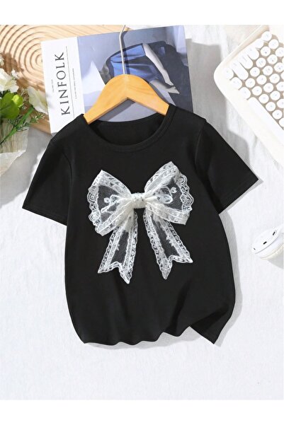vinraus Girl\Boy Black Tulle Patterned Ribbon Printed Tshirt