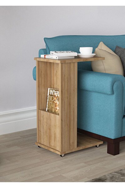 Modilayn Ard-319 Raflı C Yan Sehpa Koltuk Yanı Tekerlekli Sehpa - Meşe