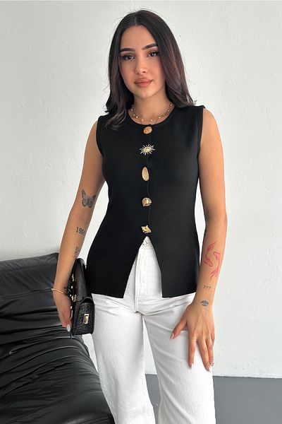 FEMELLE Women's Black Standard Size Button Detailed Knitwear Vest