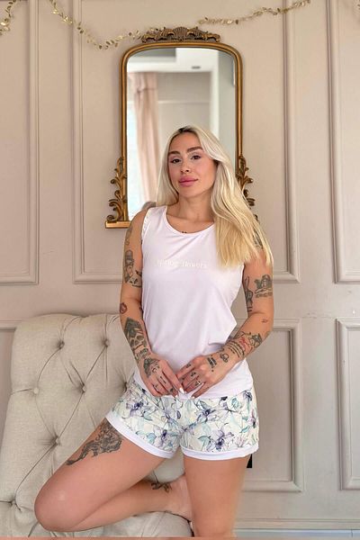 Pijamaevi Lilac Spring Flowers Patterned Women's Knitted Pajama Set with Zero Sleeve Shorts
