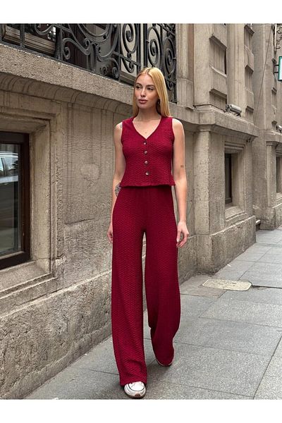 hazelin Pantaloni din țesătură Seersucker cu talie burgundă pentru femei - HZL24S-ZK13261