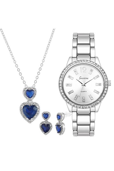 Forentina Navy Blue Heart Jewelry-Metal Wristwatch Combination Set Ps4070