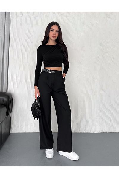 Gugus Women's Waist Buckle/Belt Detail Loose Leg Fabric Pants