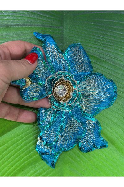 Gönülden Tasarım Blue 17X13 cm Stone Embroidery Processing Varağı Flower Coat of Arms Dikischer Applique