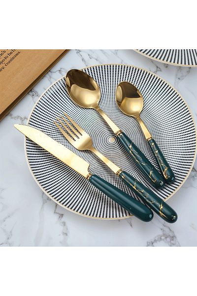 VAV GET 24-Piece Flatware Cutlery Set Serve for 6 People, Elegant, Gold/Green Handle