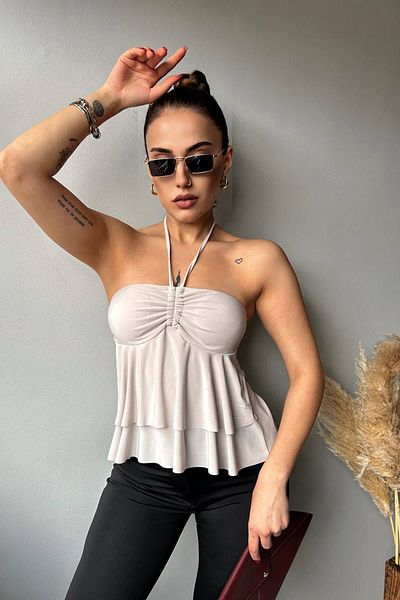 CİDDE المرأة Gloplu الرسن الدانتيل التفاصيل الرسن بلوزة الرقبة القماش الرملي