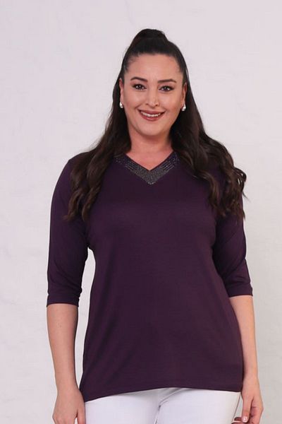 tarzımsüper Women's V-Neck Capri Sleeve Stone Printed Comfort Model Blouse
