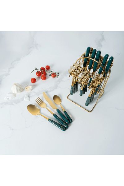 VAV GET 24-Piece Flatware Cutlery Set Serve for 6 People, Elegant, Gold/Green Handle