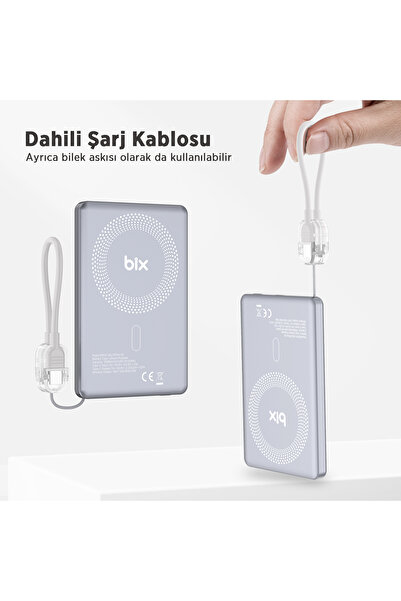Bix PB114 5000mAh 20W Dahili Type-C Kablolu 15W Manyetik Kablosuz Şarj Özellikli Portatif Powerbank