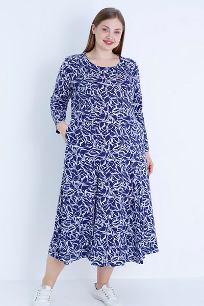 İntensive Women's Navy Blue Patterned Cotton Long Sleeve Large Size Dress