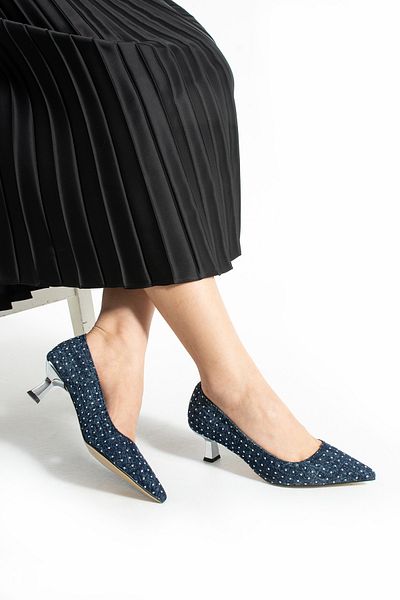 Güllü Shoes Сини дънки от веганска кожа, тънък ток 5 см, с камъни, дамски обувки на висок ток | Стилни и удобни за ежедневието в офиса