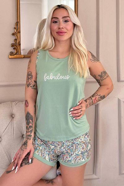 Pijamaevi Mint Fabulous Patterned Women's Knitted Pajamas Set with Zero Sleeve Shorts