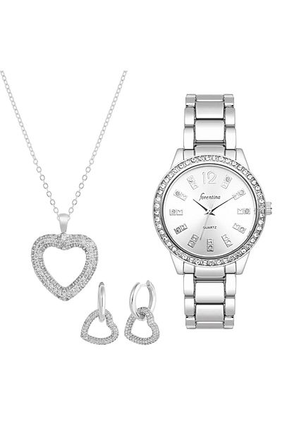 Forentina Heart Necklace Earrings-Grey Metal Wristwatch Combo Set Ps4076