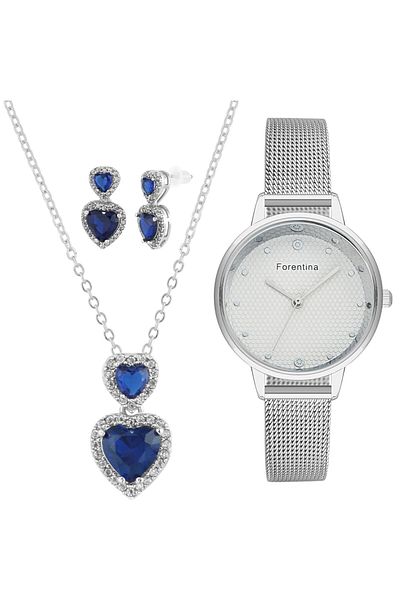 Forentina Double Heart Necklace, Earrings and Grey Wicker Watch Combo Set Ps4069
