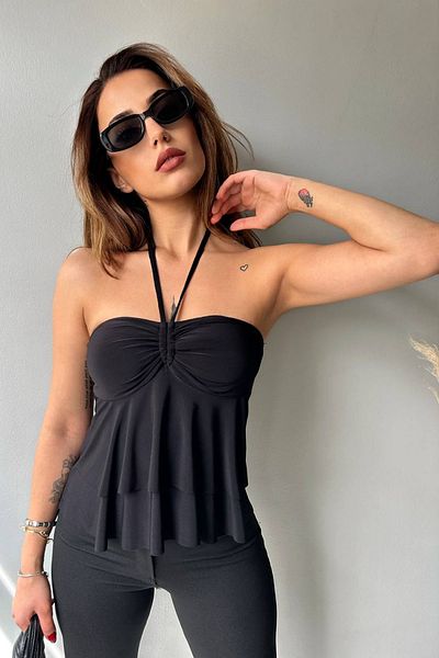 CİDDE Women's Gloped Halter Lace Detail Halter Blouse Sandy Fabric