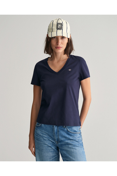 Gant Kadın Lacivert Regular Fit V Yaka T-Shirt