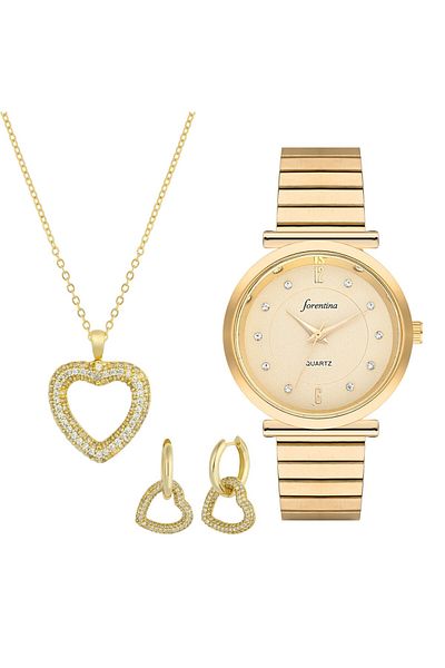 Forentina Gold Heart Necklace and Earrings - Gold Metal Wristwatch Combination