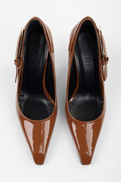 Shoeberry Women's Myra Tan Patent Leather Belt Buckle Stiletto
