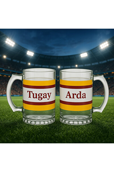 Bk Gift Kişiye Özel Sarı Kırmızı Taraftar İsimli 2 li Cam  Bardağı 50cl-1 , T...
