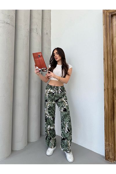 Ozy Fashion Green-White Pattern Wide Leg Palazzo Pants Tie at Waist Top