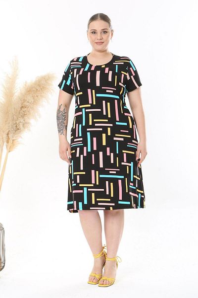 Madwilo Women's Black Pink Geometric Line Pattern Midi Dress
