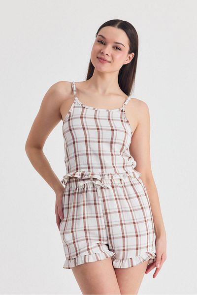 Rays Brown Plaid Patterned Ruffle Detailed Shorts Suit 4452