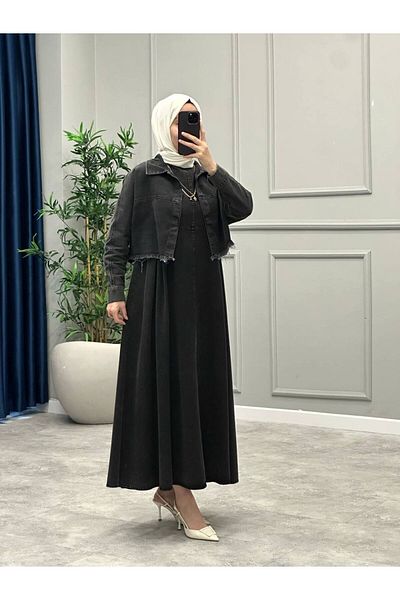 OlaLady Women's Bottomed Tasseled Jacket Jile Jacket 2-Piece Hijab Denim Jeans Set