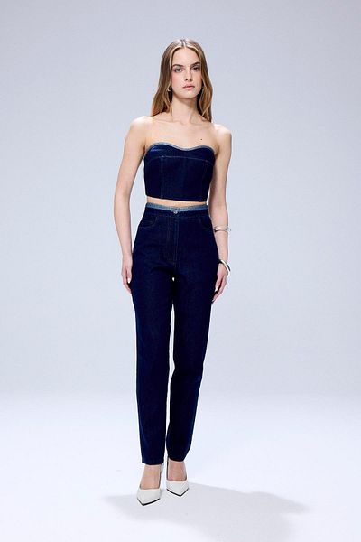 rue Navy Blue Denim Trousers with Glitter Stitching Detail