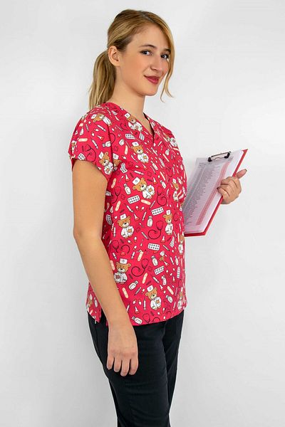 Nur Medikal Giyim Unisex Red Teddy Bear Patterned Hospital Doctor Nurse Uniform, Top Uniform